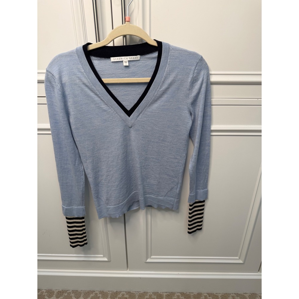 Veronica Beard V-Neck Sweater Womens Small Blue Excellent Striped Cuffs Merino